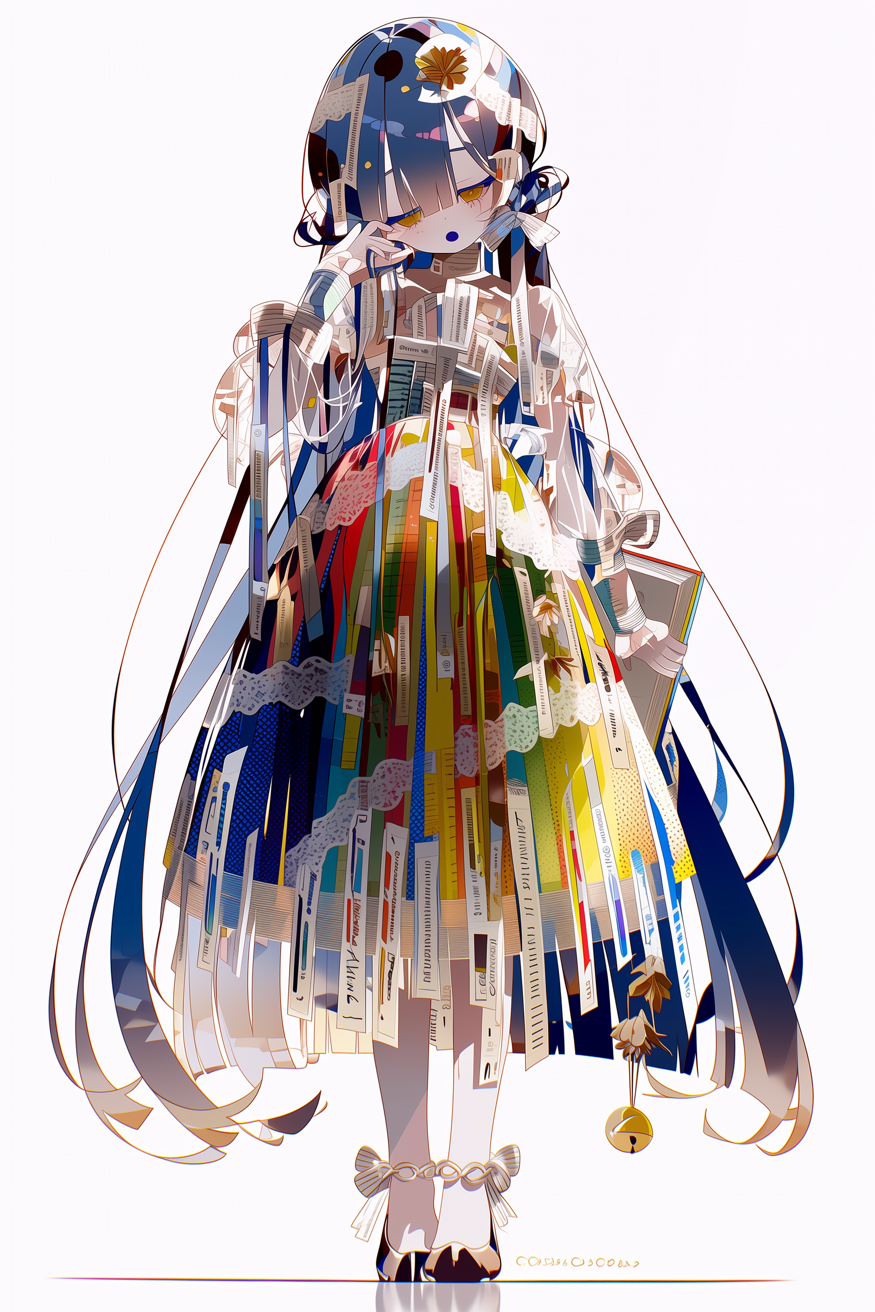 剪纸 蓝发书本裙少女